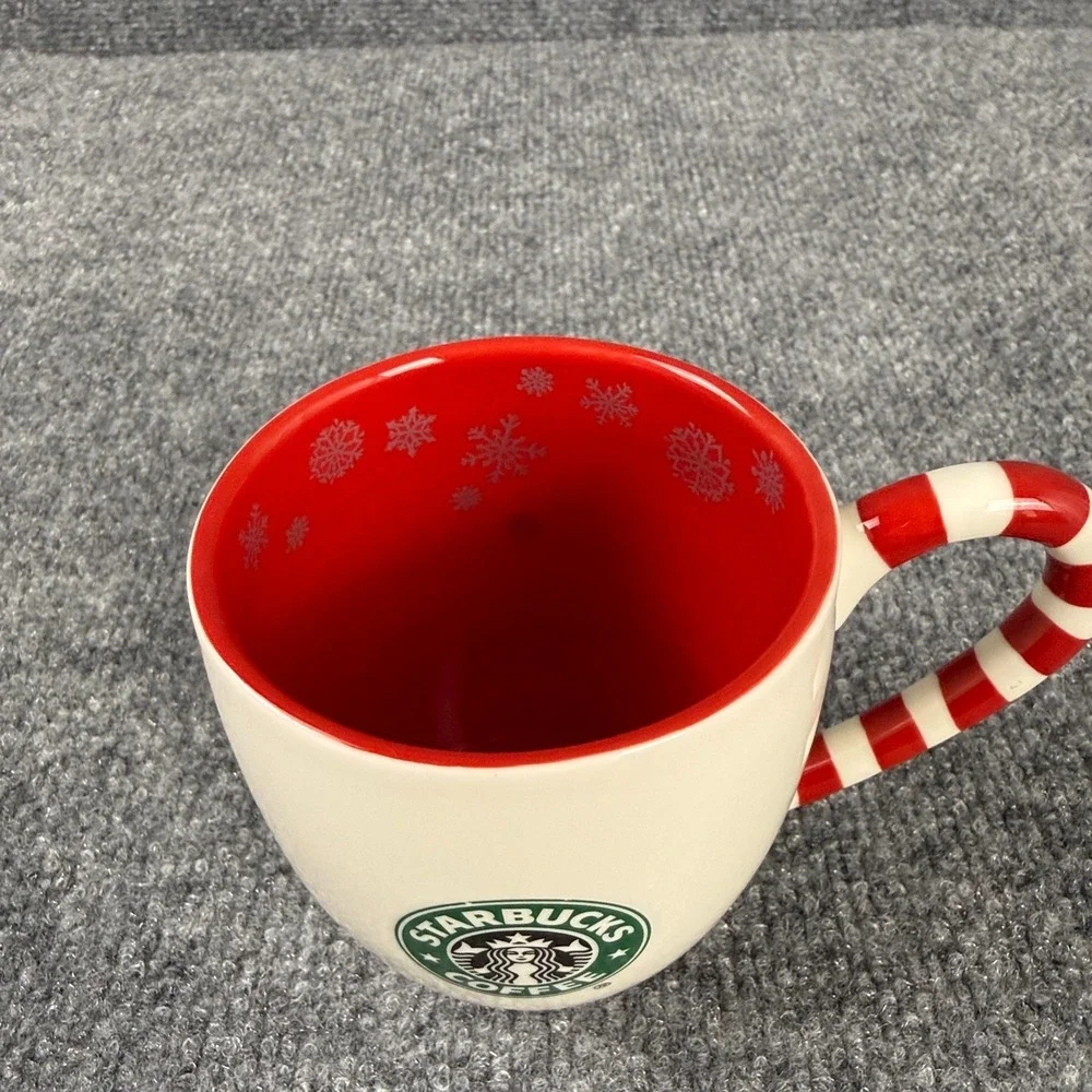 Starbucks 2010 Holiday Candy Cane Handle Mug Snowflake Bone China Retired